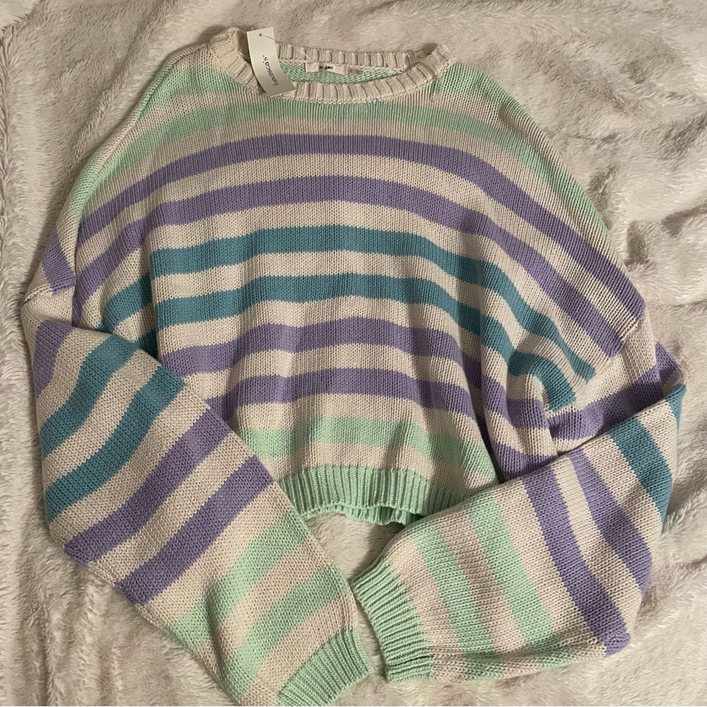 Green and Purple Crew Neck Sweater with Stripes